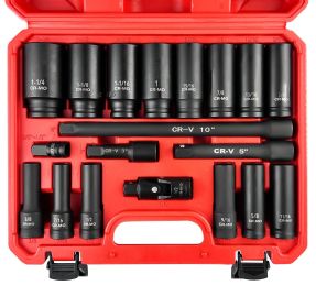 1/2-Inch Drive Deep Impact Socket Set; 19 Piece SAE Socket Set; 6 Point; Cr-Mo Steel; 3/8" to 1-1/4"; Universal Joint; Adapter and Extension Bar