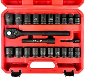 1/2-Inch Drive Impact Socket Set; 23 Piece SAE & Metric Socket Set; 6 Point; Cr-Mo Steel; 13mm-24mm; 7/16"-1"; 72 Teeth Quick Release Ratchet; Adapter