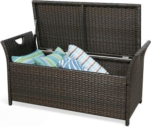 Patio Wicker Storage Bench Outdoor Rattan Deck Storage Box with Cushion (Beige)