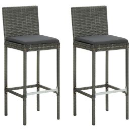 vidaXL Garden Bar Stools with Cushions 2 pcs Gray Poly Rattan