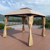 10 x 10 Ft Outdoor Patio Garden Gazebo Canopy With Curtains; Khaki Top