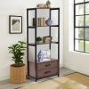 Home Office 4-Tier Bookshelf;  Simple Industrial Bookcase Standing Shelf Unit Storage Organizer with 4 Open Storage Shelves and Two Drawers;  Brown