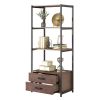 Home Office 4-Tier Bookshelf;  Simple Industrial Bookcase Standing Shelf Unit Storage Organizer with 4 Open Storage Shelves and Two Drawers;  Brown