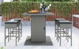 5-Piece Rattan Dining Table Set, PE Wicker Square Kitchen Table Set with Storage Shelf and 4 Padded Stools for Poolside, Garden, Gray Wicker+Dark Gray