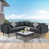 4-pieces Outdoor Wicker Sofa Set;  Patio Furniture with Colorful Pillows;  L-shape sofa set;  Gray cushions and Black Rattan