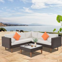 4-pieces Outdoor Wicker Sofa Set;  Patio Furniture with Colorful Pillows;  L-shape sofa set;  Gray cushions and Black Rattan (Color: Beige)