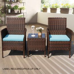 [Only For Pick Up] 3 Piece Rattan Seating set with Cushions (Color: brown- blue)