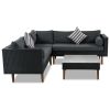 4-pieces Outdoor Wicker Sofa Set;  Patio Furniture with Colorful Pillows;  L-shape sofa set;  Gray cushions and Black Rattan