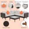 4-pieces Outdoor Wicker Sofa Set;  Patio Furniture with Colorful Pillows;  L-shape sofa set;  Gray cushions and Black Rattan