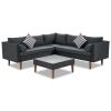 4-pieces Outdoor Wicker Sofa Set;  Patio Furniture with Colorful Pillows;  L-shape sofa set;  Gray cushions and Black Rattan