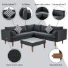 4-pieces Outdoor Wicker Sofa Set;  Patio Furniture with Colorful Pillows;  L-shape sofa set;  Gray cushions and Black Rattan